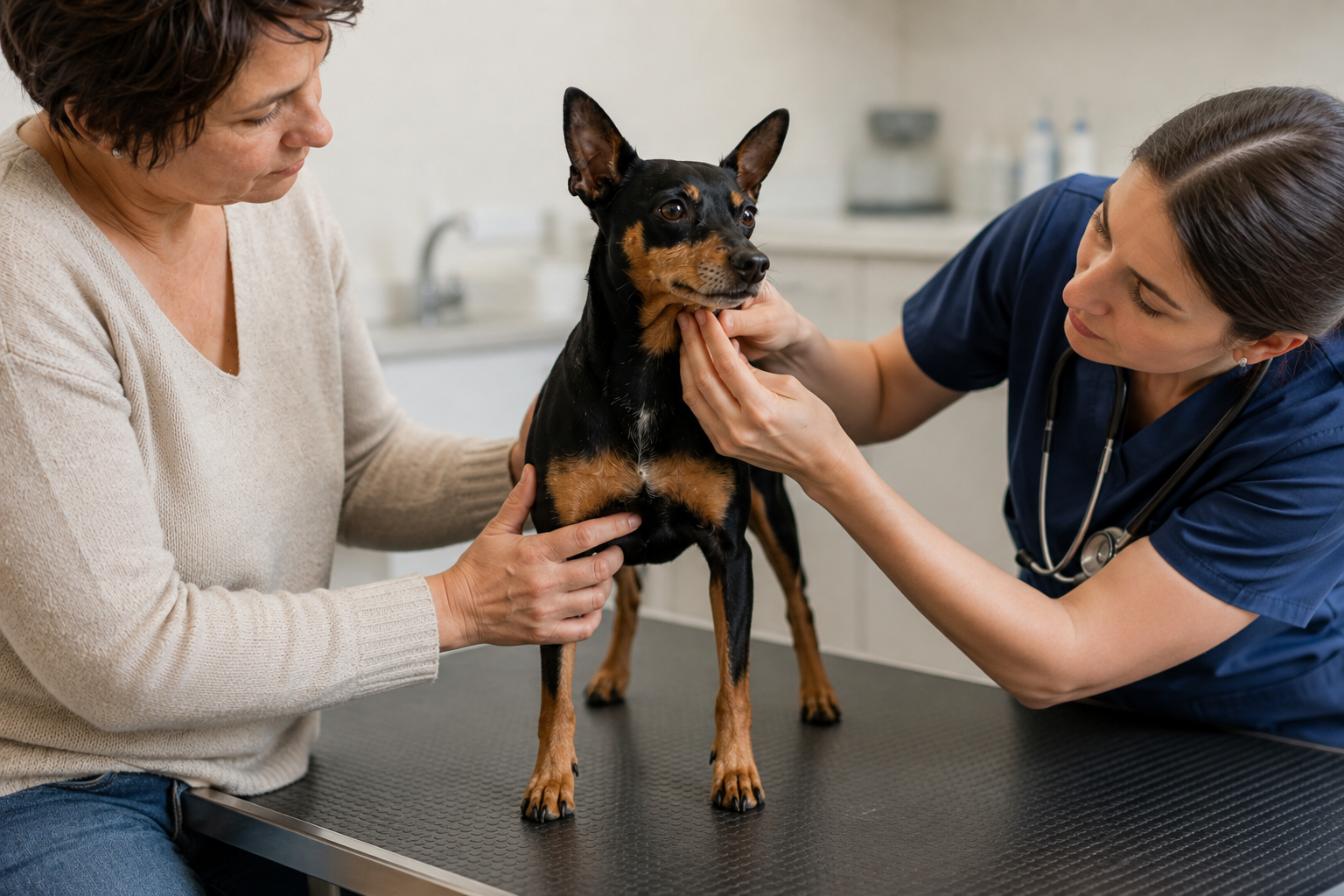 Veterinář šetrně vyšetřuje mízní uzliny psa při klinické kontrole